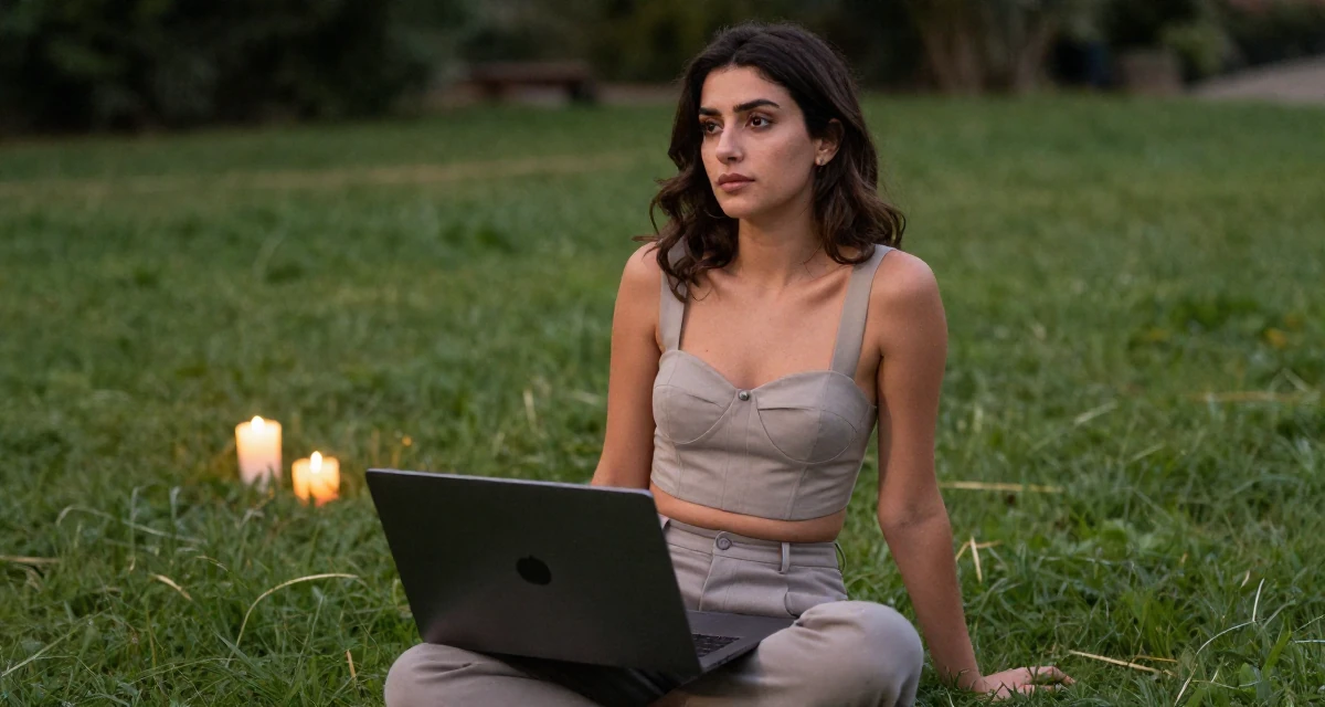 A thoughtful Female From Lebanon, based in Beirut, graduated from a creative institute majoring in expressive photoshoot styling in their 27, investing in equipment instead of vacations, wearing a cropped bustier top and high-waisted slacks, holding a laptop in a grassy field.