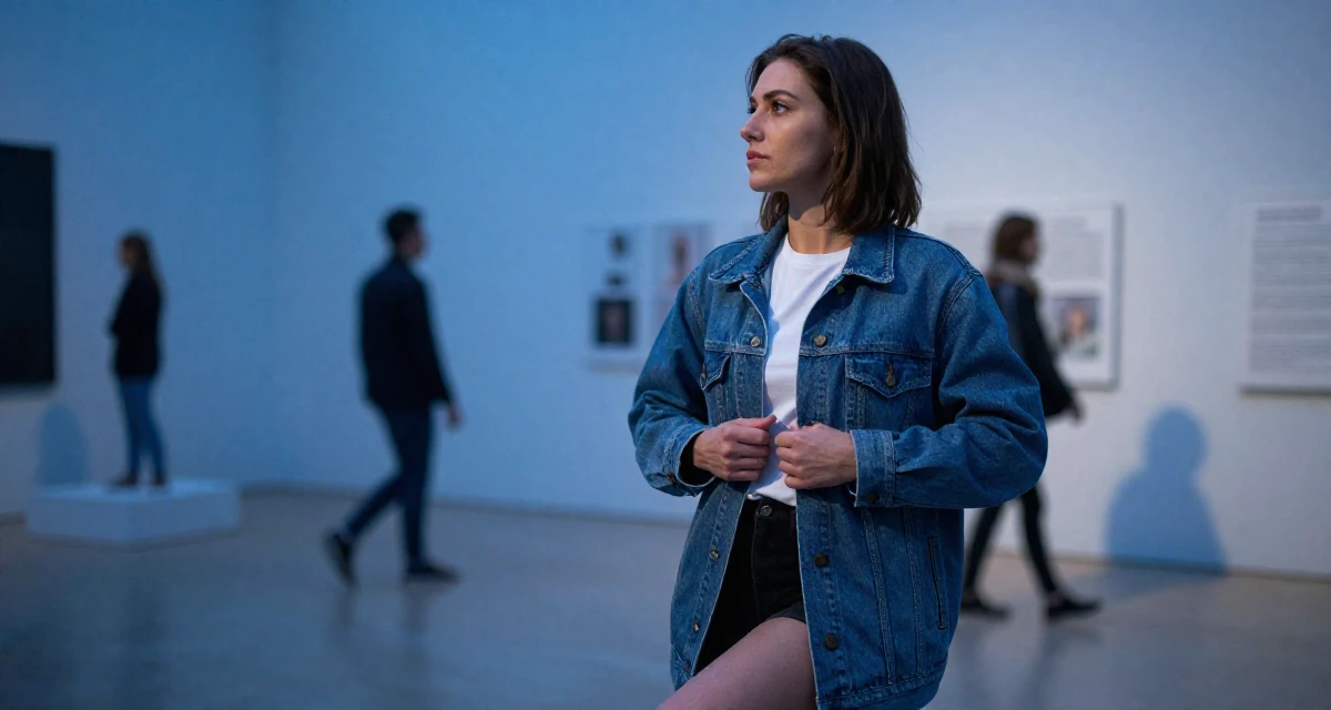 A dignified Female From Hungary, has a background in physical education in their 25, figuring out social roles and self-image, wearing a classic denim jacket and white tee, unbuttoning a coat in a museum exhibit.