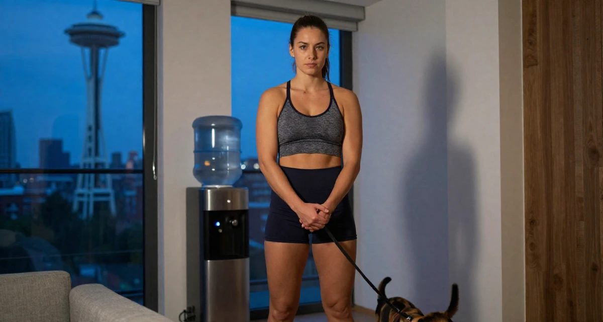 A serious Female From the Netherlands, based in Utrecht, graduated from a creative academy majoring in UX design in their 24, exploring opportunities for self-expression, wearing a strappy gym top and compression shorts, walking a dog (leash visible) in a modern apartment.