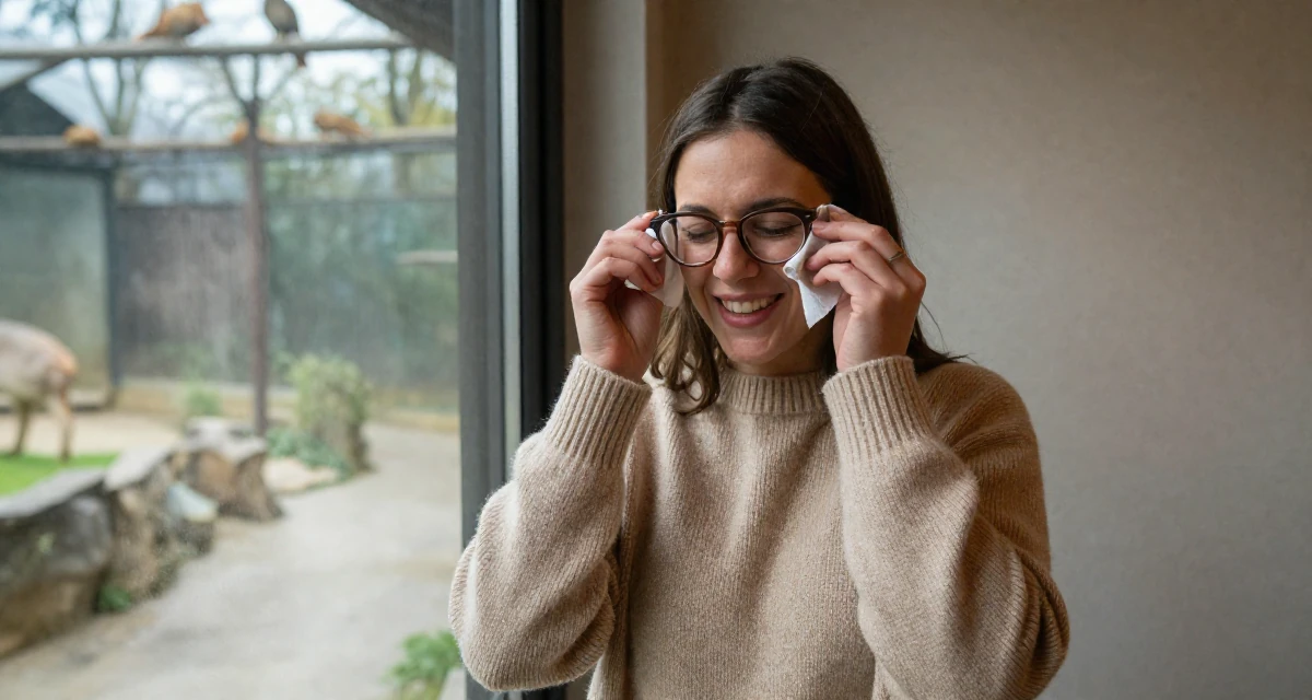 A victorious Female From Vienna Austria, studied stage performance and sensual movement in their 25, trying to build an aesthetic that feels authentic, wearing a soft cashmere sweater look, cleaning glasses with a cloth in a zoo enclosure path.