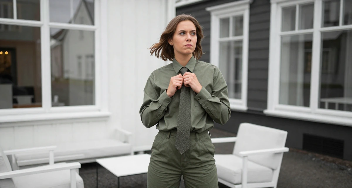 A unimpressed Female From Iceland, based in Hafnarfjörður, graduated from an arts academy majoring in intimate creative expression in their 22, developing a bold persona that feels authentically “me”, wearing a muted olive green tones, playing with a tie in a historic downtown.