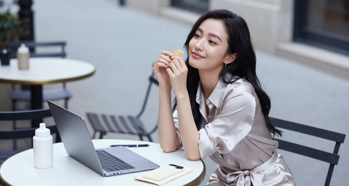 A relaxed and carefree Female Former university dropout at 22, now thriving as a digital expression artist in their 23, refining video style through trial and error, wearing a silk shirt dress with a tie waist, holding a snack in a city sidewalk.