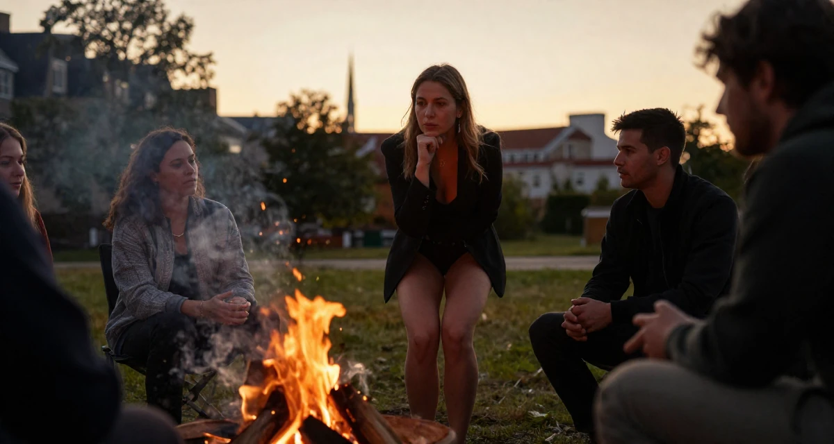 A assured Female Raised in Sweden, studied creative technology in their 32, mentoring younger colleagues, wearing a bodysuit with a blazer and no pants (editorial look), resting a chin on a hand in a campfire circle.