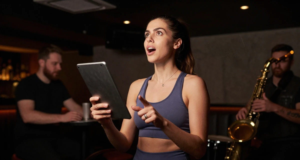 A fearless Female From Georgia, based in Batumi, graduated from a local academy majoring in social media management in their 25, experimenting with outfit themes and props, wearing a fitted athletic wear, holding a tablet in a dimly lit jazz bar.