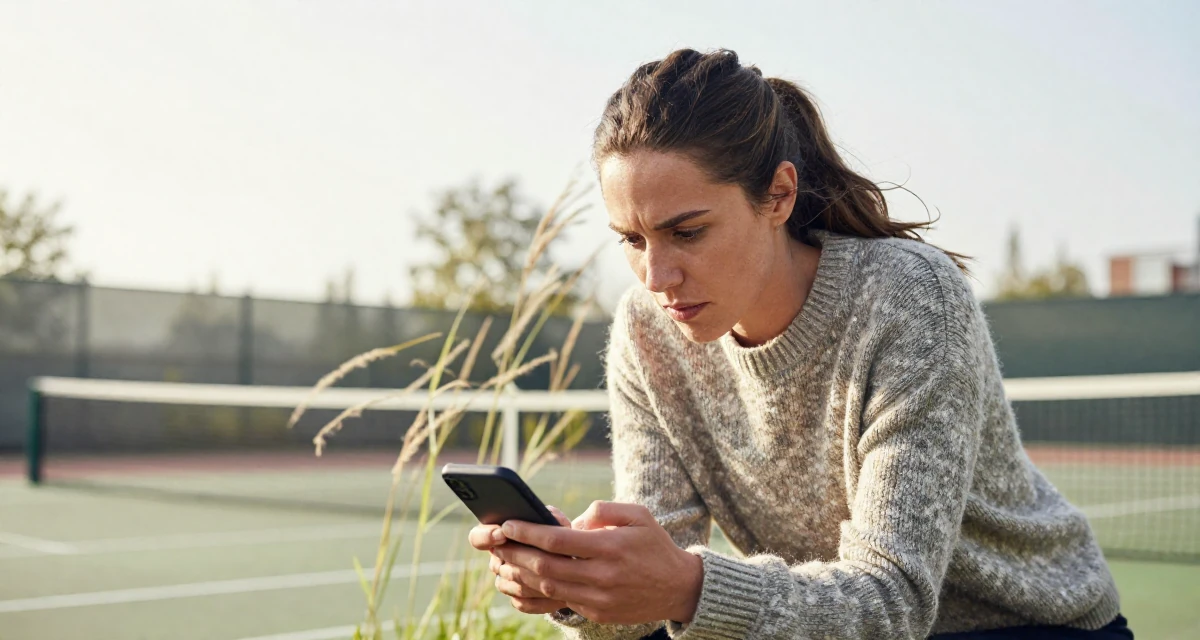 A determined Female From Netherlands, studied media and culture in their 24, struggling with inconsistent motivation, wearing a textured wool sweater, checking a notification on a phone in a tennis court.