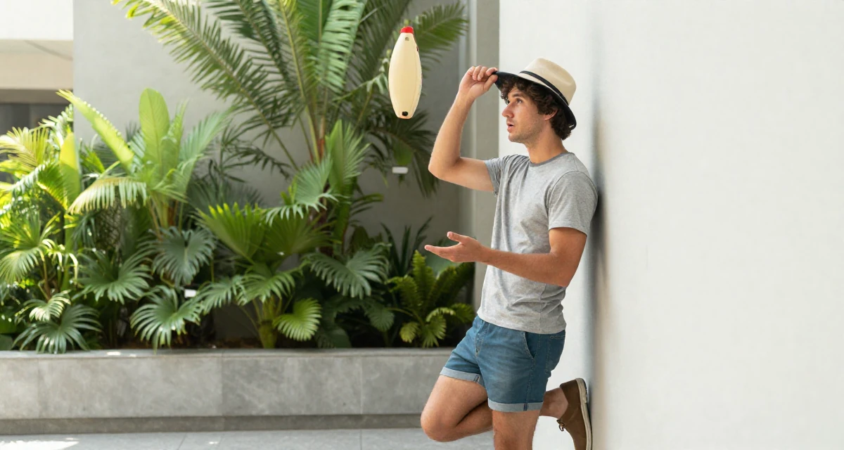 A subtly surprised male Once a lifeguard, now shooting athletic, beach-centered content in their 25, juggling part-time jobs with studies, wearing a retro 90s casual vibe, tipping a hat in a museum exhibit.