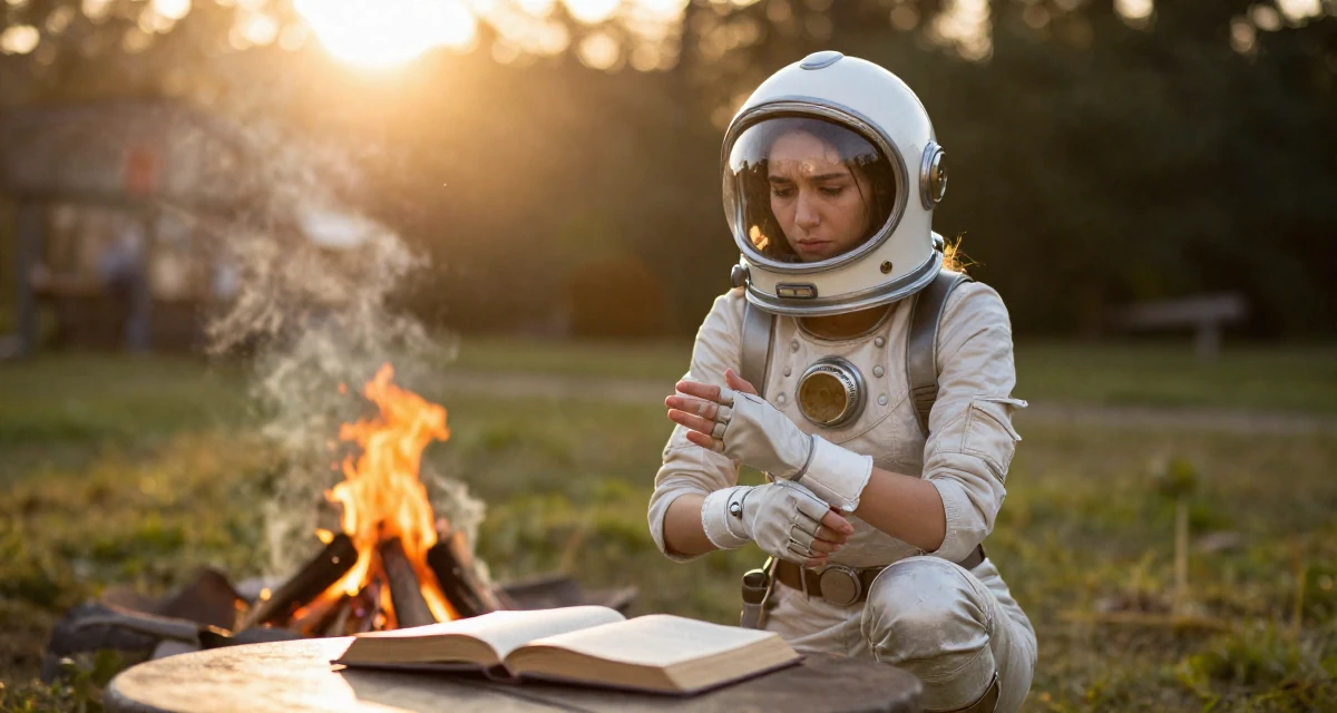 A worried Female Born in Ukraine, majored in creative communication in their 21, feeling the anxiety of impending graduation, wearing a retro sci-fi space girl outfit with a bubble helmet, putting on a glove in a campfire circle.