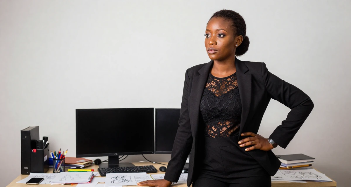 A aloof Female From Cameroon, majored in applied statistics in their 39, sharing stories of resilience and growth, wearing a black lace top under a business suit, pausing mid-step in a messy desk.