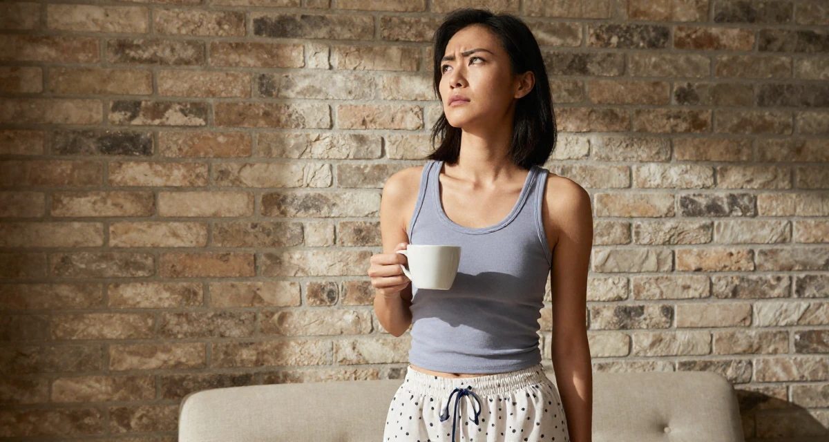 A impatient Female From Chinese-speaking regions, majored in human resource development in their 23, analyzing which posts convert best, wearing a fitted racerback tank and pajama shorts, holding a cup of coffee in a sunlit living room.