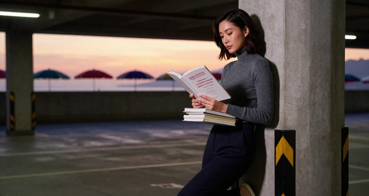 A serene Female From Hong Kong, studied digital media arts in their 34, reviewing books and sharing reading lists, wearing a sophisticated turtleneck and trousers, carrying a stack of documents in a underground parking garage.