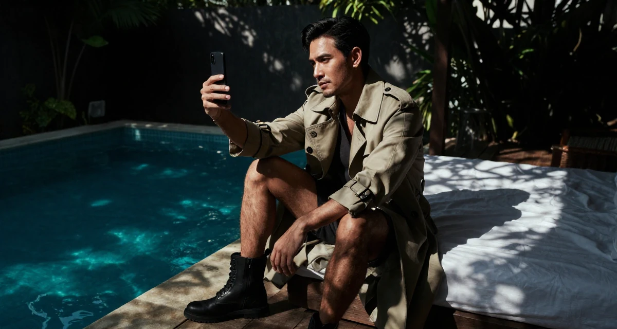 A bewitching male From Thailand, majored in entertainment business in their 42, expert in holistic health and herbalism, wearing a timeless trench and boots, posing for a selfie in a swimming pool.
