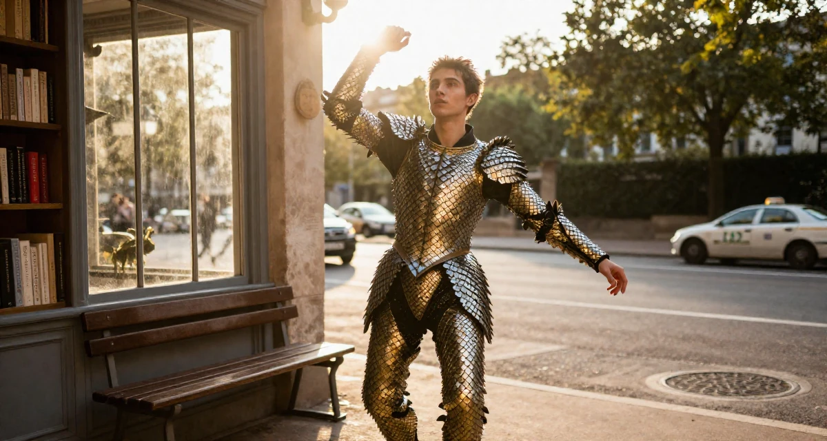 A observant male From France, based in Lyon, graduated from an arts school majoring in fashion communication in their 25, fully owning a bold, seductive creator identity, wearing a dragon scale armor texture with metallic sheen, waiting for a taxi in a cozy reading nook by a window.