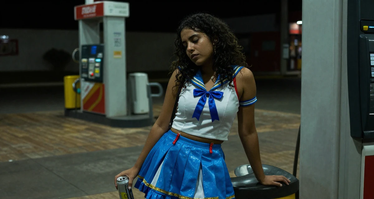 A reflective Female Raised in Brazil, majored in multimedia arts in their 30, trying to escape corporate burnout, wearing a anime idol stage costume with ribbons and glitter, holding a beverage can in a gas station at night.