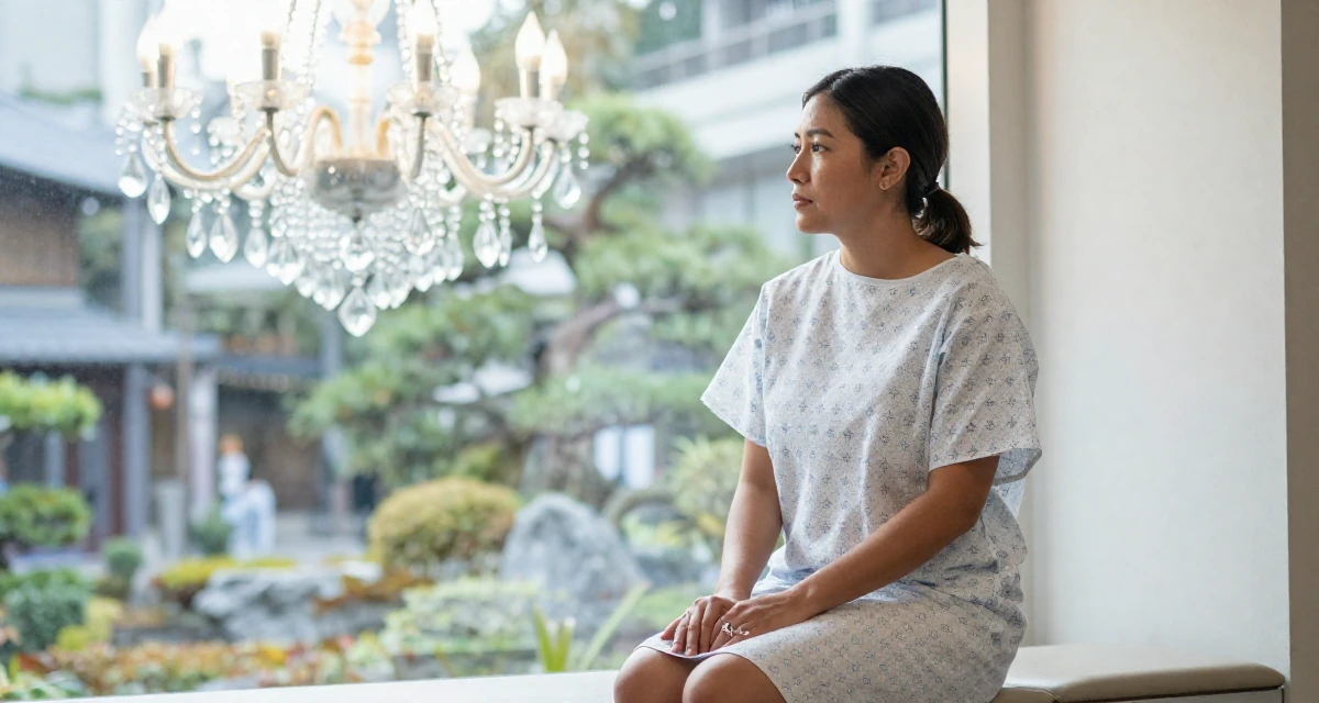 A reserved Female From the Philippines, based in Davao, graduated from a communication program majoring in fan engagement dynamics in their 47, creating a guide for solo female travel, wearing a hospital patient gown tailored to be form-fitting, playing with a ring in a urban street.