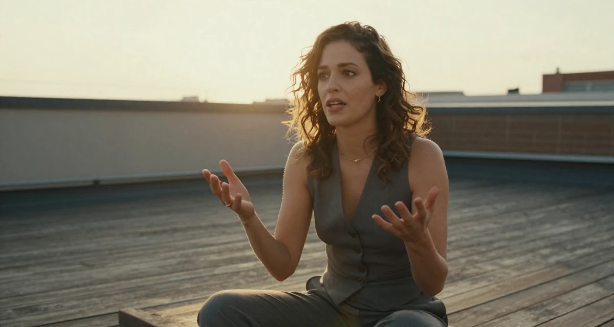 A alluring Female From France, majored in cinema studies in their 23, developing more mature, confident branding, wearing a fitted vest top worn without a shirt underneath and slacks, gesturing while talking in a rooftop terrace.