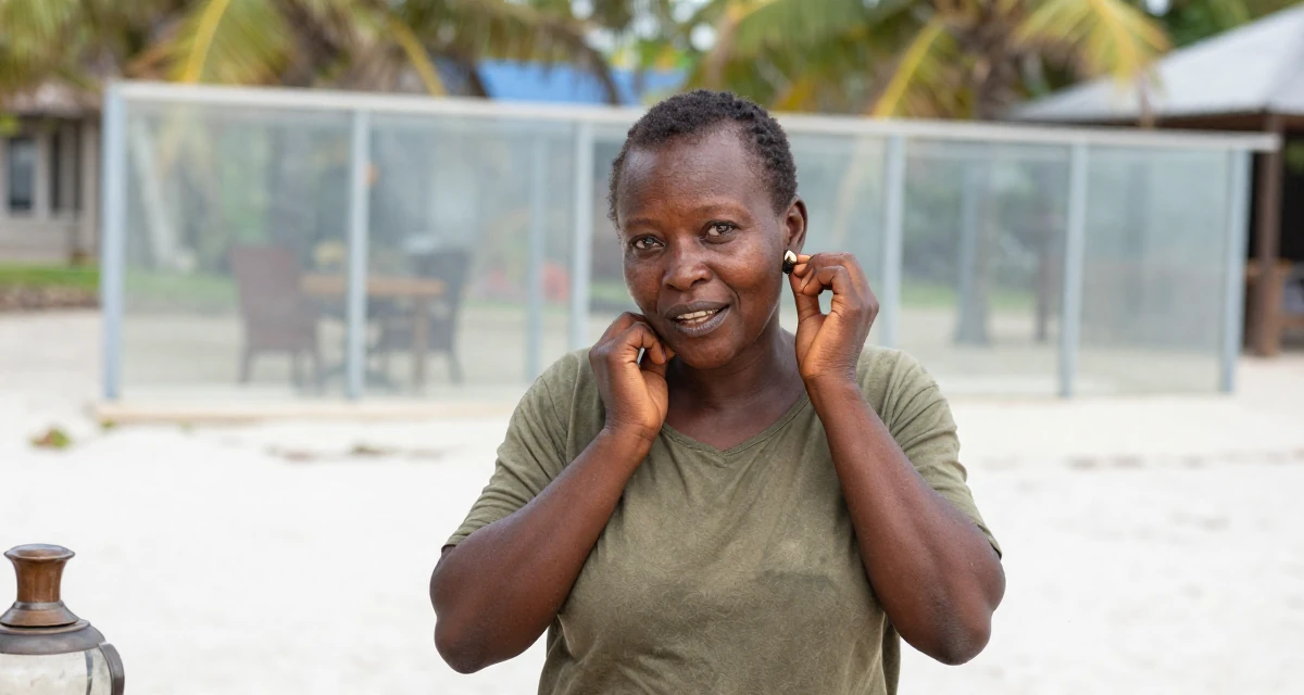 A vibrant and alive Female From Mali, majored in agricultural management in their 49, expert in antique restoration and design, wearing a muted olive green tones, putting on earrings in a tropical white sand beach.
