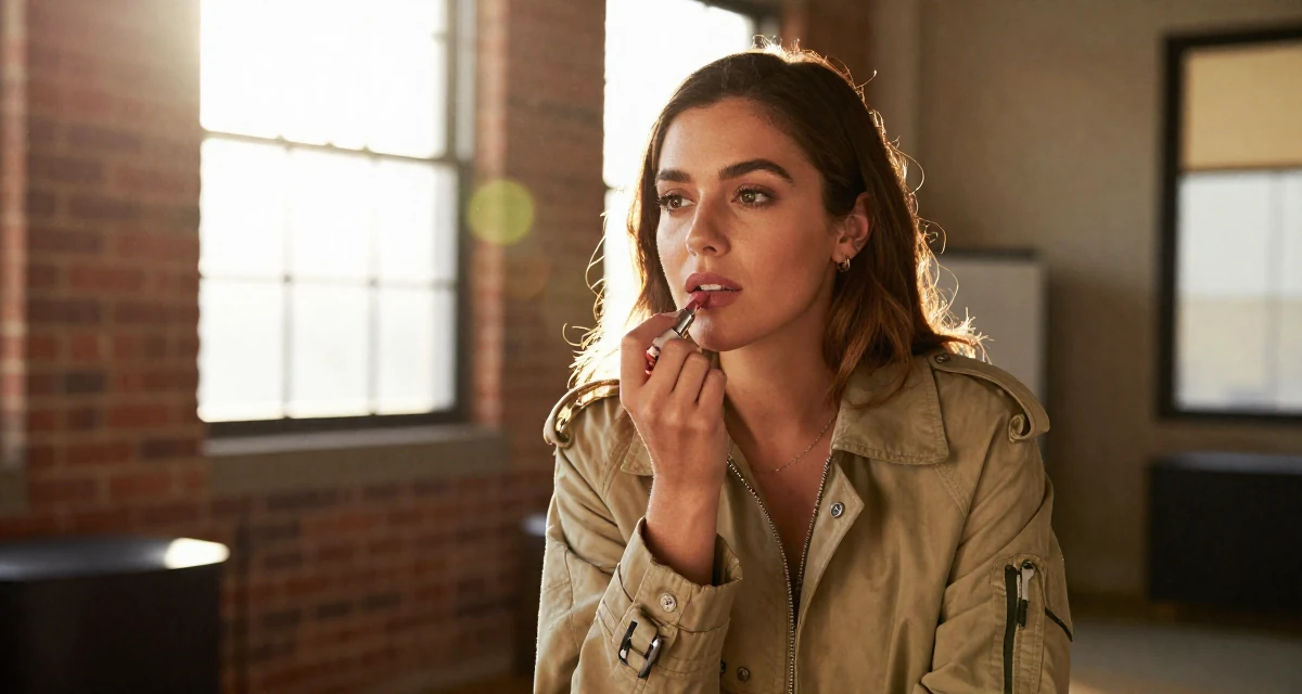 A refreshed Female From Australia, based in Gold Coast, graduated from a media academy majoring in sensual creative direction in their 53, dealing with declining energy levels, wearing a retro windbreaker jacket, applying lipstick in a loft apartment with brick walls.