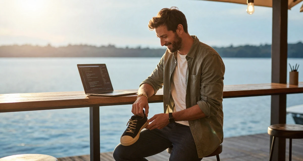 A friendly male Previously a stay-at-home mom, now monetizing relatable lifestyle content in their 45, reviewing anti-aging products with honesty, wearing a comfortable urban casual outfit, looking down at shoes in a cozy café.