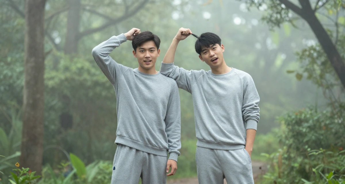 A playful and energetic male From Vietnam, based in Nha Trang, graduated from a media school majoring in soft-romantic content direction in their 25, fighting comparison with creators who grew faster, wearing a relaxed jogger and sweatshirt combo, fixing a loose strand of hair in a dense misty forest.