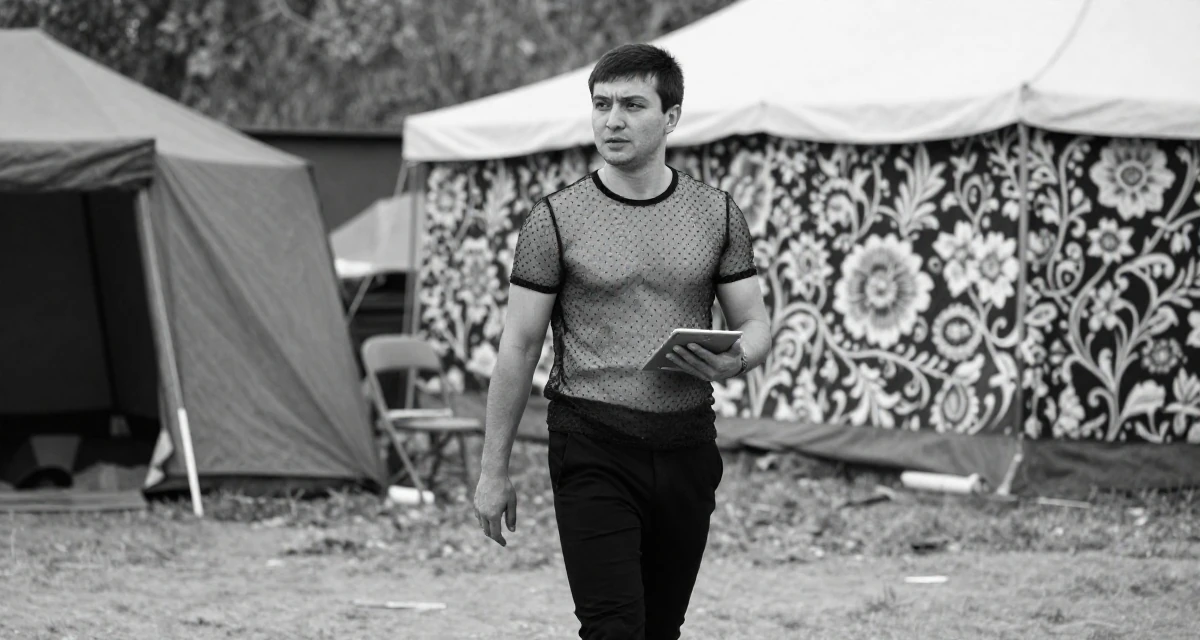 A unbothered male From Kazakhstan, based in Almaty, graduated from a state university majoring in journalism in their 23, wondering if this hustle is worth the stress, wearing a sheer polka dot blouse and black trousers, holding a tablet device in a camping site.