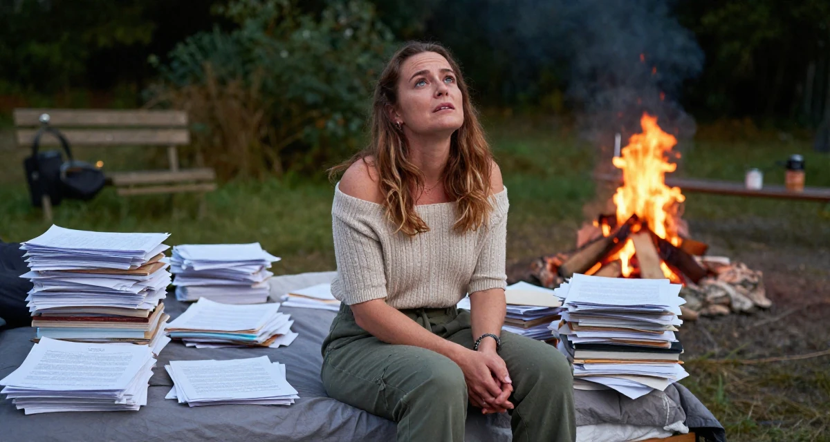 A emotionally moved Female From Denmark, majored in data analytics in their 25, learning how poses can feel powerful instead of scary, wearing a off-the-shoulder knit top and dress pants, looking up at the sky in a campfire circle.