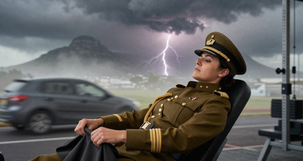 A distracted Female From Cape Town South Africa, learned outdoor modeling and posing in their 29, managing emotional burnout disguised as “taking a break”, wearing a imperial officer uniform with a peaked cap, smoothing out clothes in a gym interior.