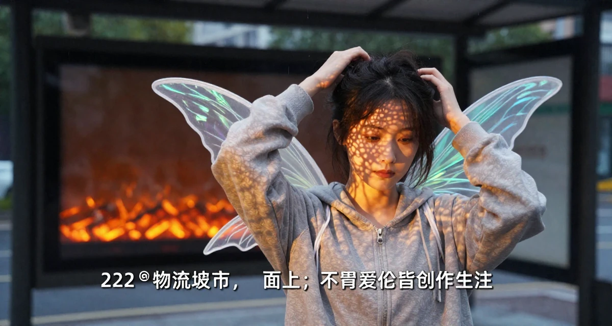 A melancholic Female Once a logistics temp worker, now enjoying flexible creator life in their 22, missing the freedom of student days, wearing a fairy costume with translucent iridescent wings, zipping up a hoodie in a bus stop in the rain.