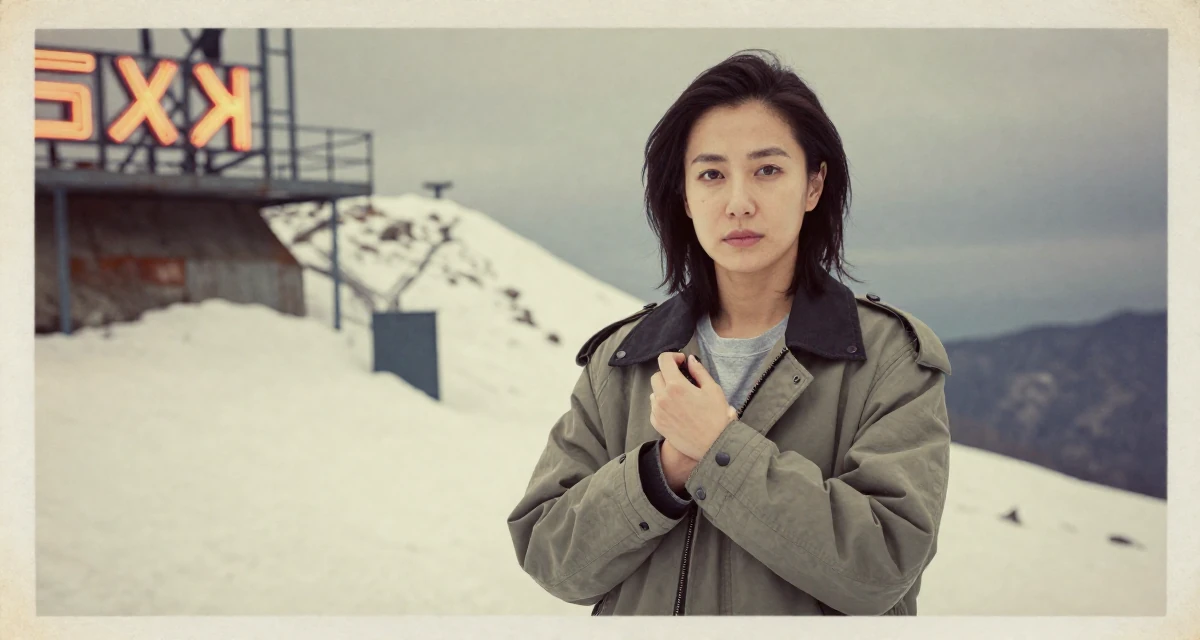A sincere Female From Taiwan, studied visual communication design in their 36, rebuilding after a breakup, wearing a structured jacket with casual tee, adjusting a collar in a snowy mountain peak.