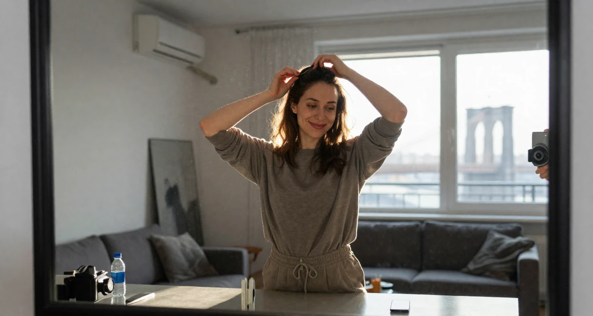 A gentle Female From Kraków Poland, studied emotional choreography in contemporary dance in their 27, forcing yourself to smile in content on bad days, wearing a muted earth-tone clothing set, adjusting a hairpin in a modern apartment living room.