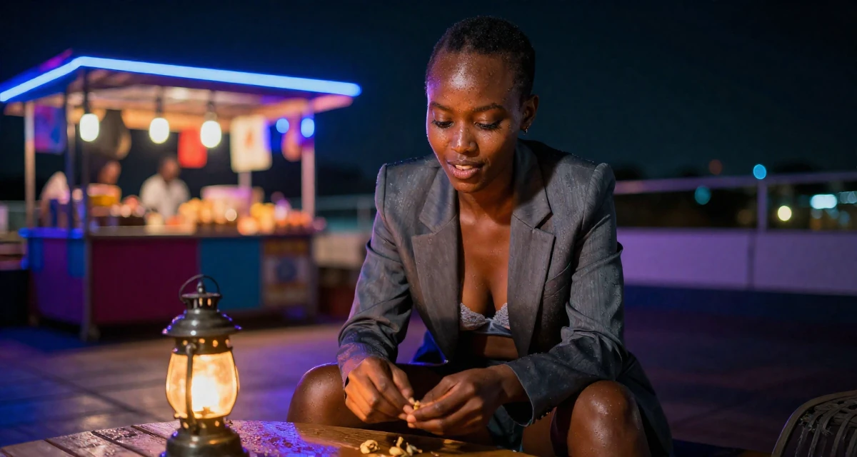 A witty Female Born in Kenya, majored in mathematics education in their 20, experimenting with new social circles and hobbies, wearing a fitted blazer with nothing underneath but a lace bra (hinted), picking something up in a rooftop terrace.