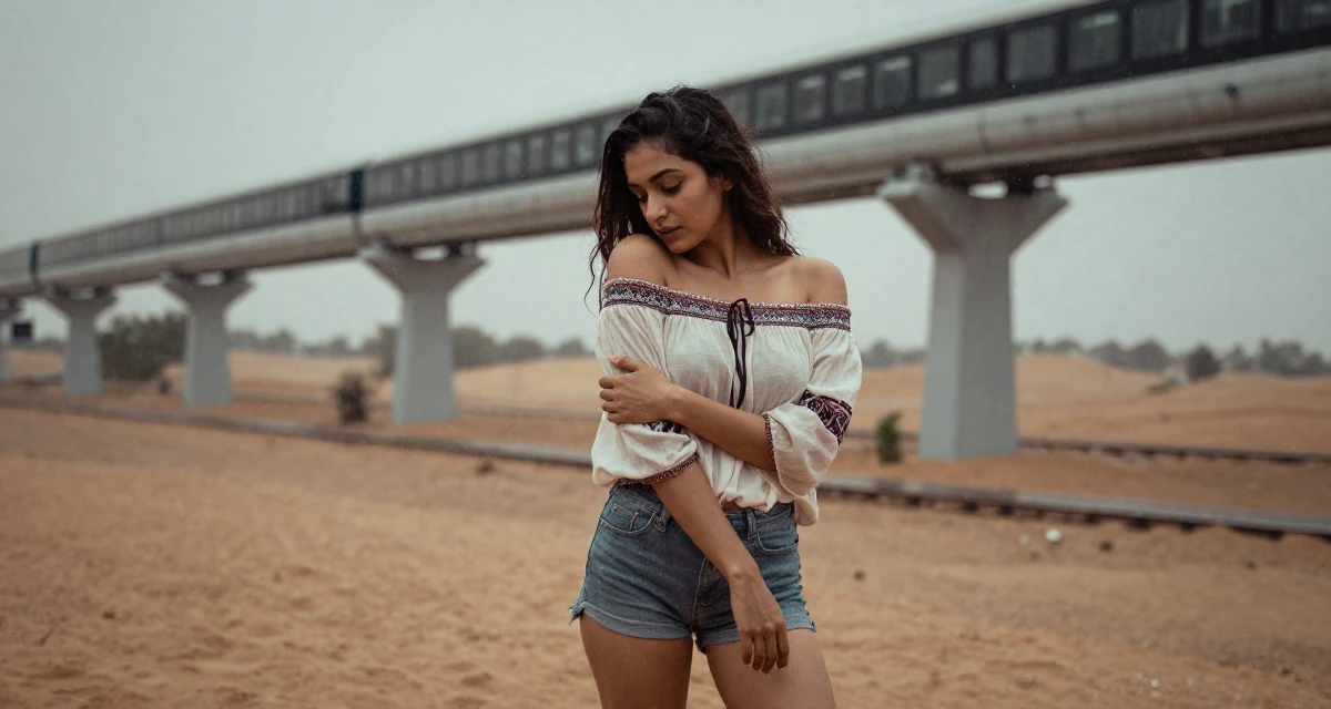 A magnetic Female From New Delhi India, majored in English literature in their 24, choosing props that elevate sensual tension, wearing a boho style off-shoulder peasant top and shorts, looking down at the ground shyly in a desert landscape.