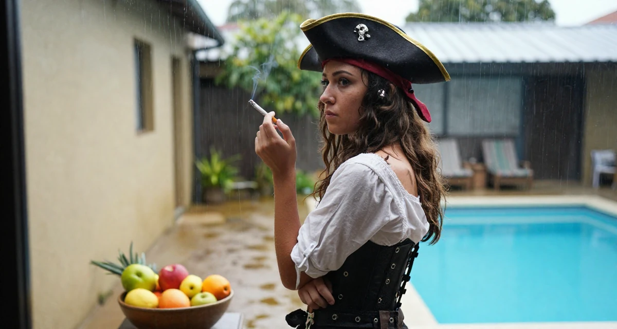 A grounded Female From Australia, studied sports science and nutrition in their 20, unsure of their major but faking confidence, wearing a pirate captain outfit with a corset and tricorn hat, holding a cigarette (lit or unlit) in a quiet alleyway.