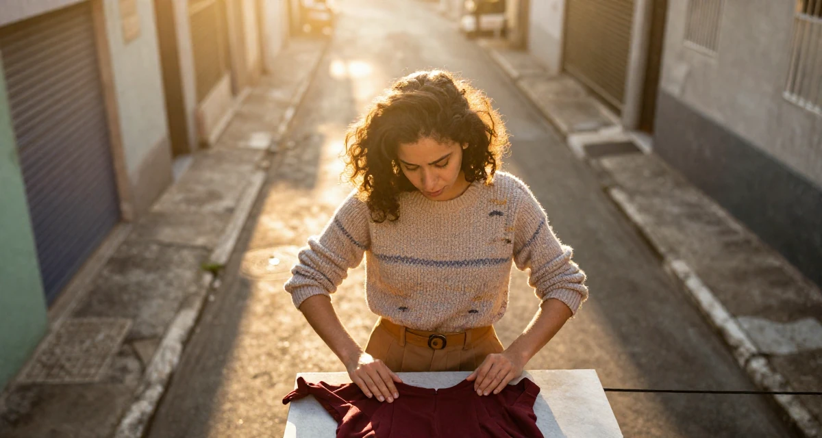A bashful Female From Rio de Janeiro Brazil, majored in public relations in their 22, confronting competitive job markets, wearing a vintage sweater and high-waist pants, smoothing down a dress in a neon-lit alleyway.
