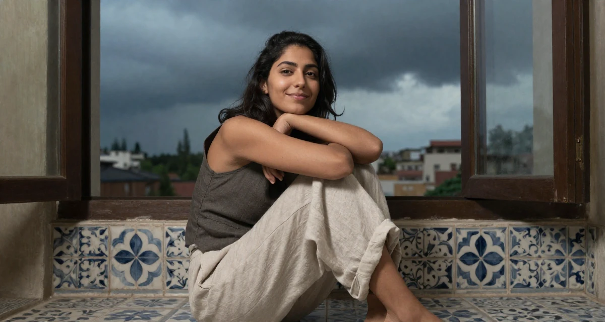 A satisfied Female From Arabic-speaking world, majored in geology in their 25, experimenting with niche themes to stand out, wearing a sleeveless vest top and wide-leg linen pants, rolling up sleeves in a cozy reading nook by a window.