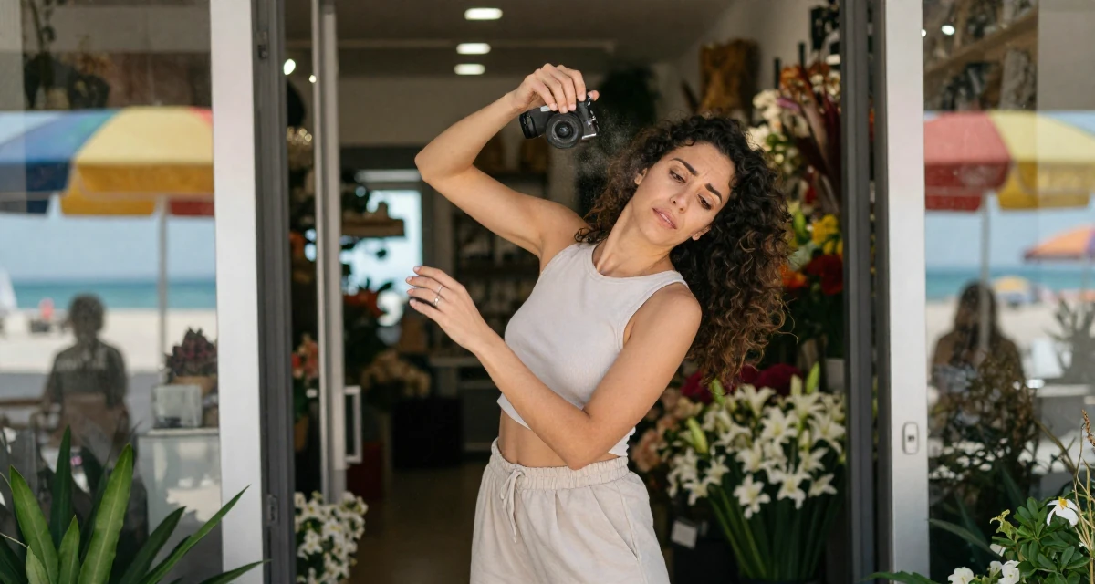 A stressed Female From Madrid Spain, studied sensual dance and camera presence in their 22, balancing personal dating life with creator identity, wearing a clean, neutral-toned casual outfit, brushing off dust in a flower shop entrance.