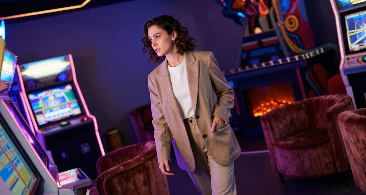 A enigmatic Female Former stay-in nanny, now building her own self-expression platform in their 29, trying to plan a future with unpredictable income, wearing a smart casual blazer ensemble, reaching for a pocket in a arcade room with neon lights.