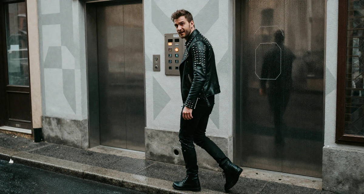 A emotionally moved male Previously a corporate HR specialist, now a digital intimacy coach in their 25, vibrating with creative potential, wearing a heavy metal rocker outfit with studs and leather, stepping onto a curb in a quaint European street.
