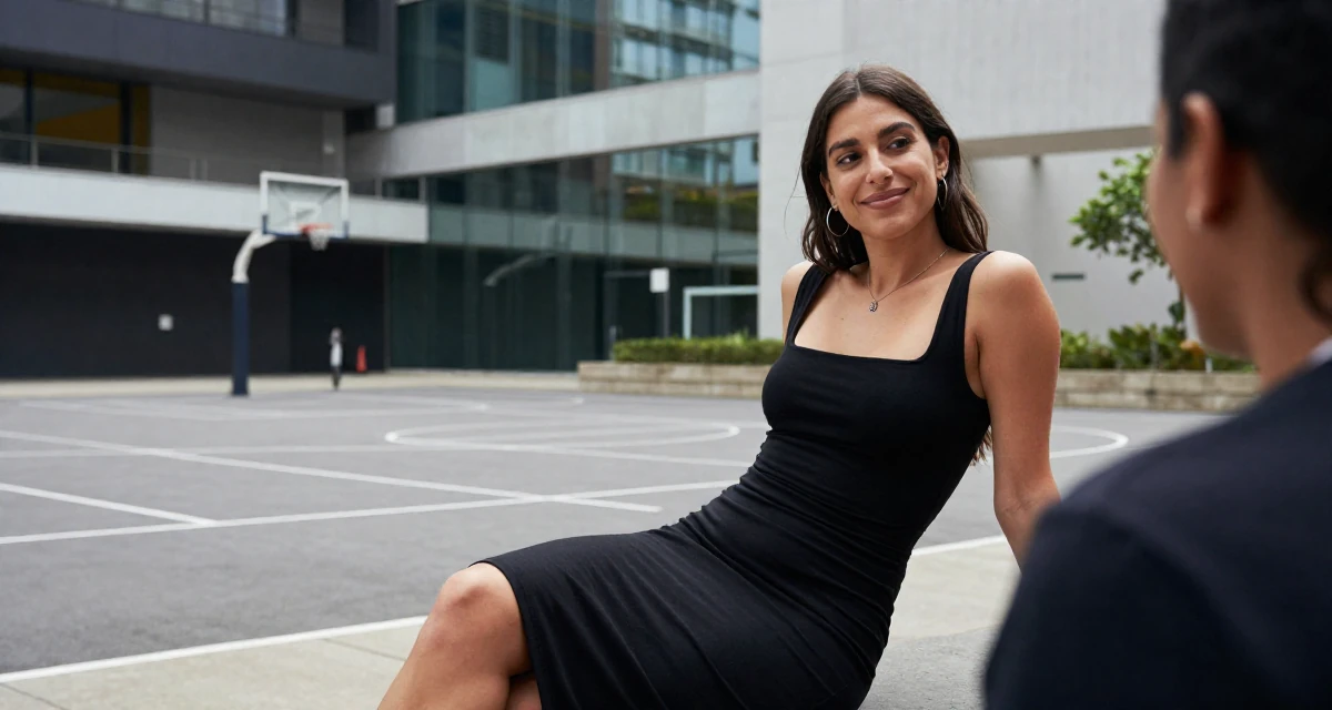 A empowered Female From Argentina, based in Buenos Aires, graduated from a media institute majoring in flirtatious content styling in their 46, transitioning from employee to founder, wearing a fitted black dress with a square neckline, smiling at a stranger in a basketball court.