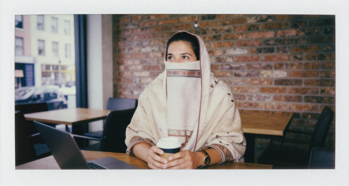 A relaxed and observant male Former accountant in her 40s, now embracing body confidence and digital art in their 32, managing high-stakes projects with calm, wearing a desert nomad wrap outfit with a face veil, holding a coffee cup with both hands in a office break room.