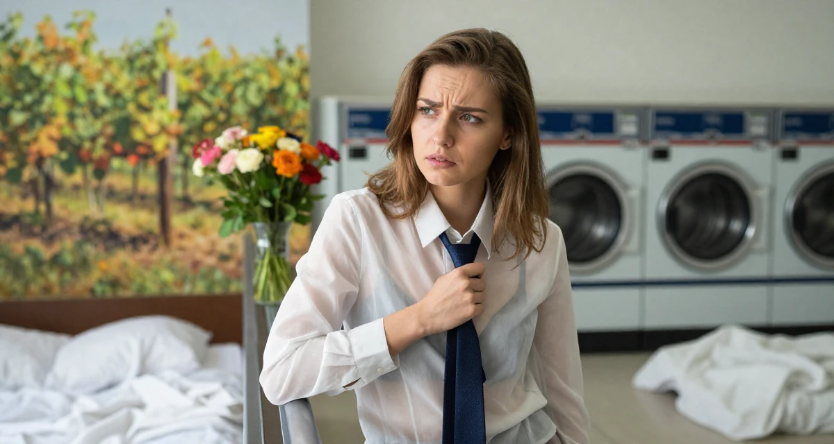 A poised Female From Russia, studied digital media at a vocational school in their 25, worrying about being judged by classmates, wearing a translucent white blouse and a dark bra underneath, playing with a tie in a laundromat.