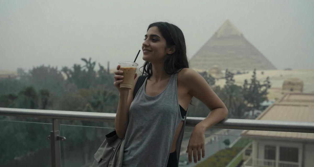 A hopeful Female From Arabic-speaking world, studied interior architecture in their 22, clutching an iced coffee as a survival tool, wearing a loose tank top with deep side cuts, holding a jacket over a shoulder in a luxury penthouse balcony.
