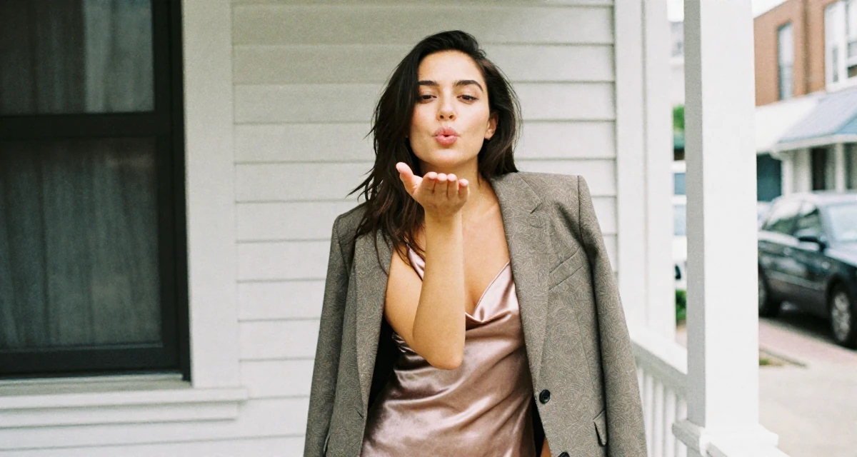 A confident and poised Female Born overseas, studied communication studies in their 22, becoming more aware of personal boundaries with fans, wearing a satin slip skirt paired with a structured blazer, blowing a kiss in a front porch.