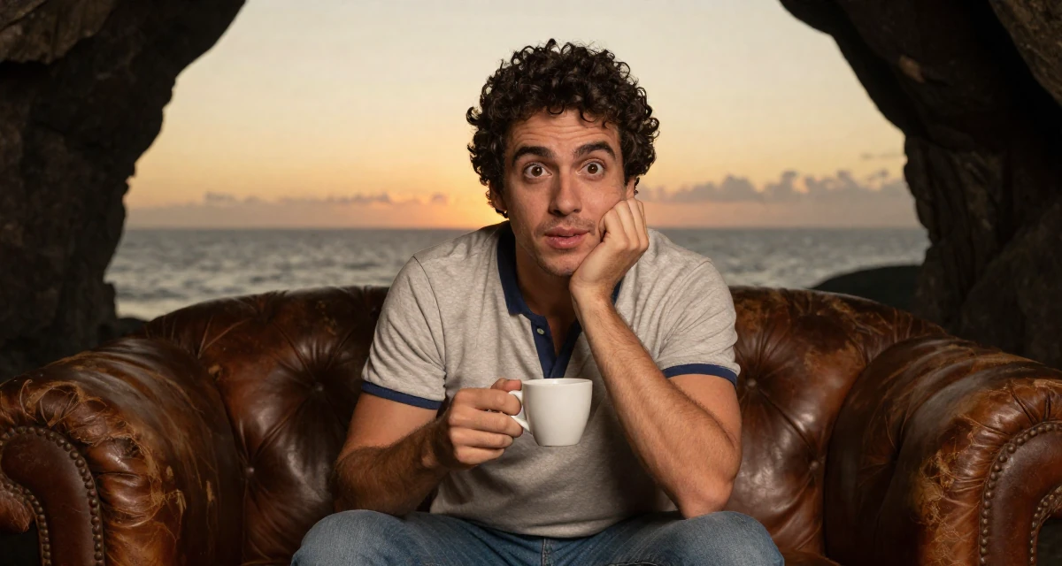 A eager male From Brazil, based in Curitiba, graduated from a regional college majoring in advertising design in their 30, planning a dream wedding on a budget, wearing a retro 90s casual vibe, holding a cup of coffee in a dungeon cell.