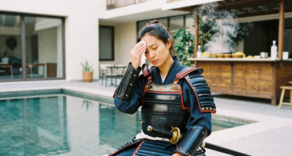 A zen-like Female From Rome Italy, majored in art history in their 28, investing in high-quality lifestyle upgrades, wearing a samurai armor set with a katana at the waist, wiping sweat from the brow in a modern apartment.