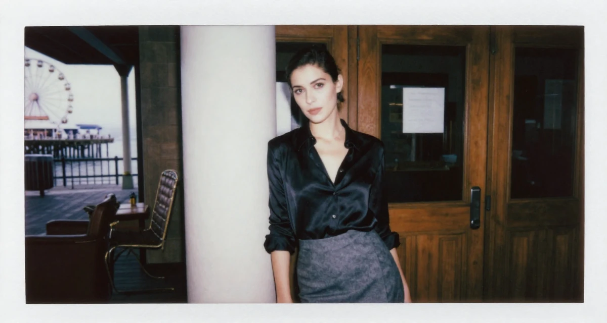 A sophisticated Female Former veterinary assistant, now sharing soft pet-inclusive content in their 22, feeling the imposter syndrome in a first serious job, wearing a black silk blouse slightly unbuttoned and a grey skirt, leaning against a door in a cinema entrance.