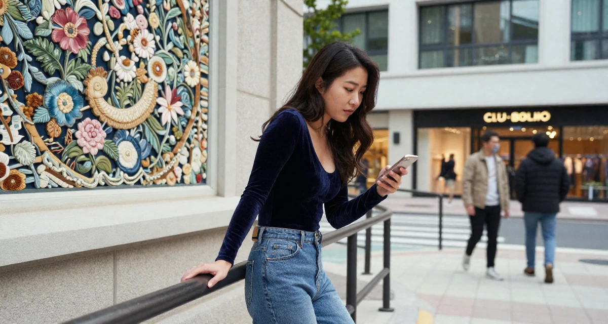 A yearning Female From South Korea, studied textile design and fashion in their 20, chasing creative dreams despite parental skepticism, wearing a velvet bodysuit and high-waisted mom jeans, scrolling casually in a university campus.