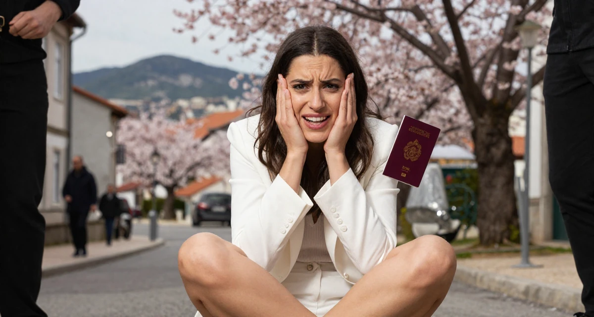 A optimistic Female From Portugal, majored in digital storytelling in their 20, feeling a mix of excitement and deep anxiety, wearing a white blazer and matching white shorts, holding a passport in a quaint European street.