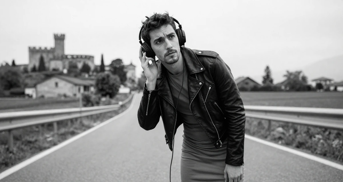 A composed male From Italy, studied fashion design in Milan in their 25, questioning long-term direction, wearing a cropped leather jacket and a bodycon dress, listening to music with headphones in a country road.