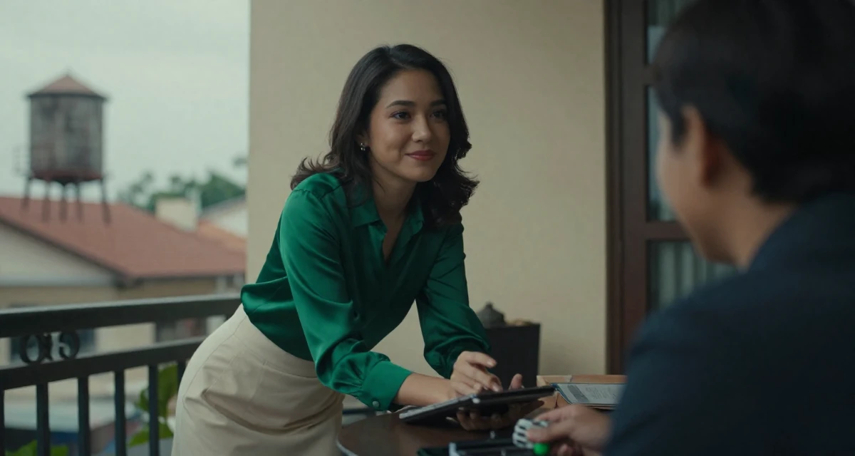 A reassured Female From Ho Chi Minh City Vietnam, studied multimedia design in their 25, calculating every purchase because income is unstable, wearing a emerald green silk blouse and a cream skirt, smiling at a stranger in a home interior.