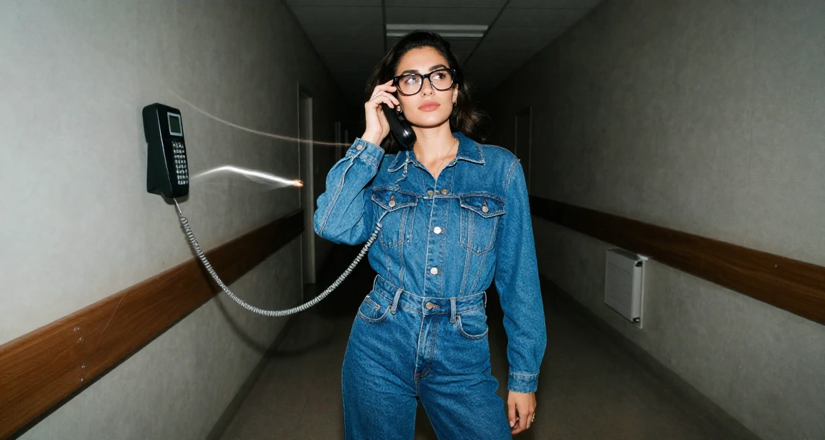 A dreamy Female From Cyprus, based in Limassol, graduated from a communication school majoring in alluring content design in their 25, managing early financial independence, wearing a fashionable denim on denim, adjusting glasses in a hospital corridor.